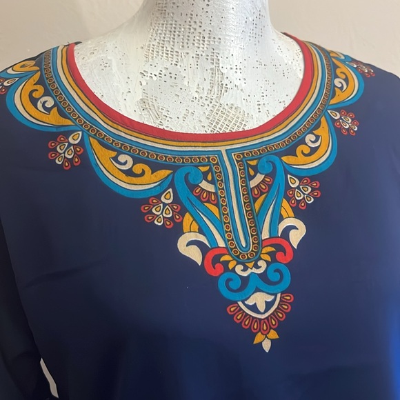 🎉Gorgeous Indian style tunic top navy blue with gorgeous multicolored borders! - Picture 2 of 9